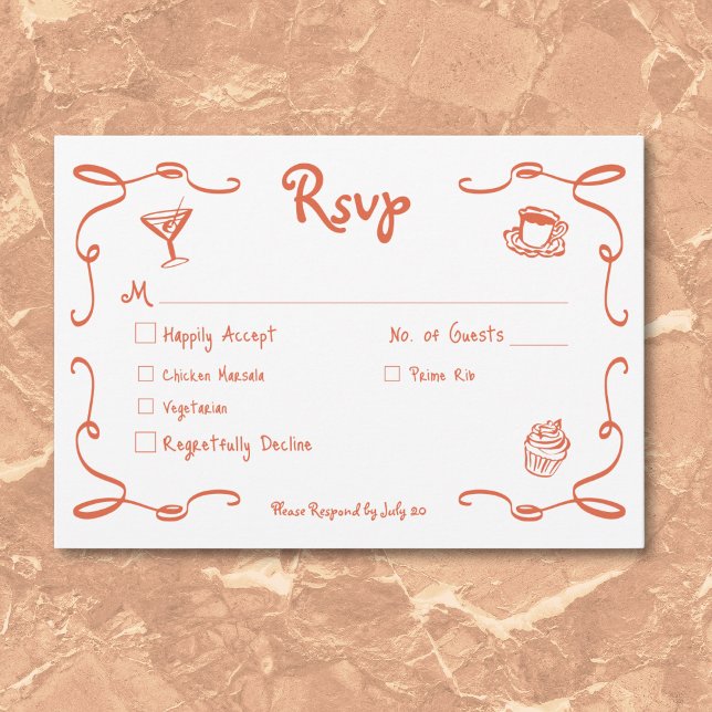 Whimsical Retro Hand Drawn Sunset Orange Wedding RSVP Card (Whimsical Retro Hand Drawn Sunset Orange Wedding RSVP Card)