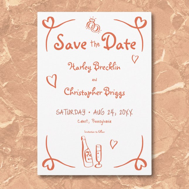 Whimsical Retro Hand Drawn Sunset Orange Wedding Save The Date (Whimsical Retro Hand Drawn Sunset Orange Wedding Save The Date)