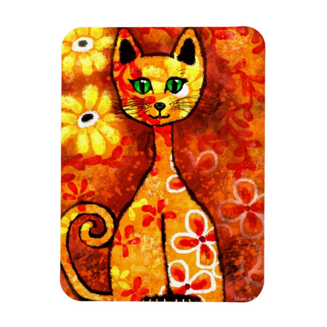 Whimsical Retro Kitty Cat Abstract Art Orange Magnet (Vertical)