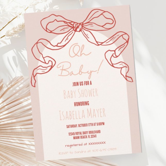 Whimsical Retro Peach Hand Drawn Bow Baby Shower Invitation (Creator Uploaded)