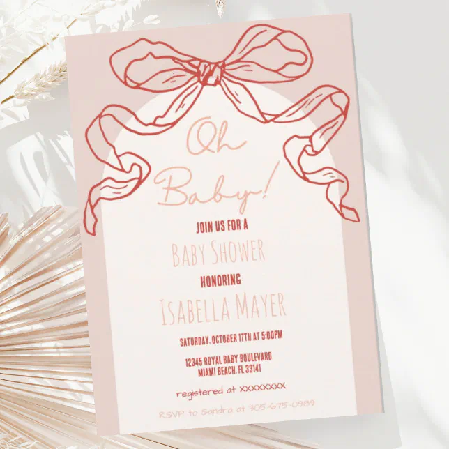 Whimsical Retro Peach Hand Drawn Bow Baby Shower Invitation | Zazzle