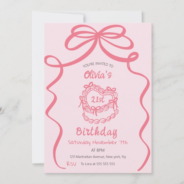 Whimsical Retro Pink Cake Vintage Birthday Party Invitation (Front)
