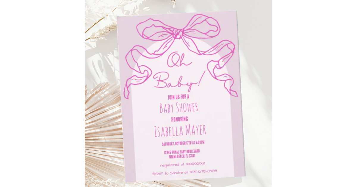 Whimsical Retro Pink Hand Drawn Bow Baby Shower Invitation | Zazzle
