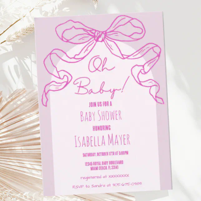 Whimsical Retro Pink Hand Drawn Bow Baby Shower Invitation | Zazzle