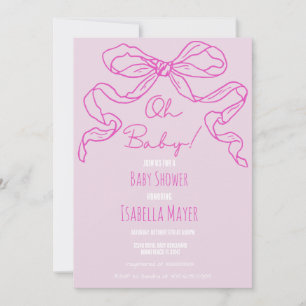 Whimsical Retro Pink Hand Drawn Bow Baby Shower Invitation