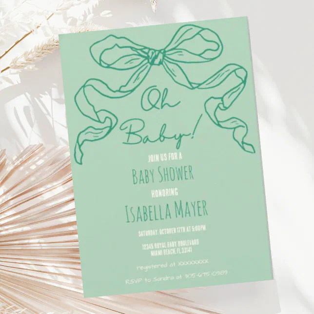 Whimsical Retro Sage Hand Drawn Bow Baby Shower Invitation | Zazzle