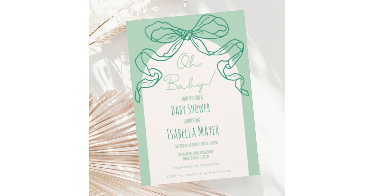 Whimsical Retro Sage Hand Drawn Bow Baby Shower Invitation | Zazzle