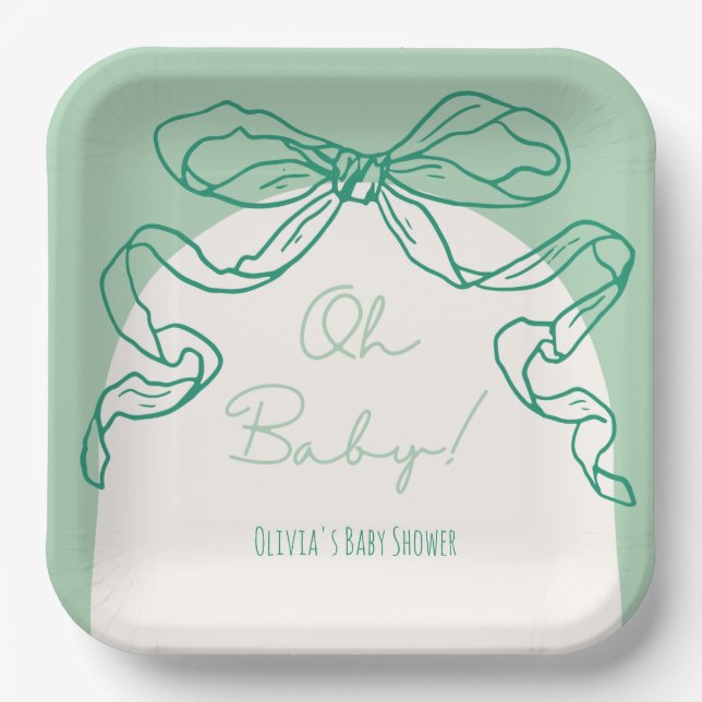 Whimsical Retro Sage Hand Drawn Bow Baby Shower Paper Plates (Front)