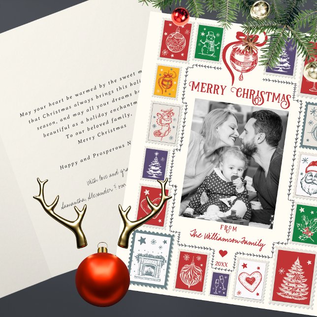 Whimsical Retro Stamp Christmas Illustration Photo Card (Whimsical Retro Stamp Christmas Illustration Photo Holiday Greeting Card)