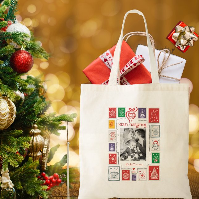 Whimsical Retro Stamp Christmas Photo Gift Tote Bag (Whimsical Retro Stamp Christmas Photo Holiday Season Stocking Stuffer Gift Tote Bag)