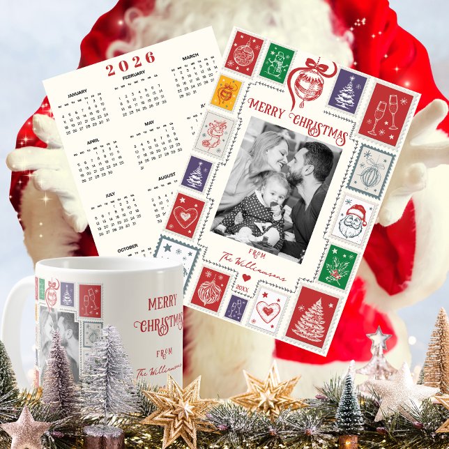 Whimsical Retro Stamp Holiday Photo 2026 Calendar Card (Whimsical Modern Nostalgia Christmas Photo Card with 2026 Calendar Coffee Mug Stocking Stuffer Gifts)