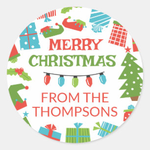 Whimsical Retro Tree & Gifts Merry Christmas From Classic Round Sticker