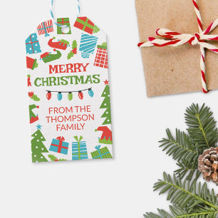 Whimsical Retro Tree & Gifts Merry Christmas From Gift Tags