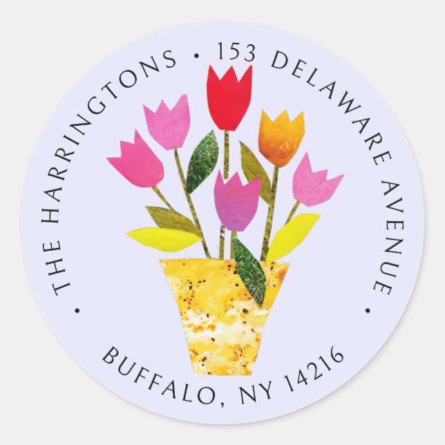 Whimsical Retro Tulips Lavender Return Address Classic Round Sticker (Front)