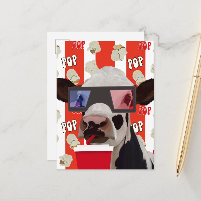 Whimsical Retro Vibes Popcorn Lover Cow  Postcard (Front/Back In Situ)