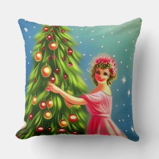 Whimsical Retro Vintage Christmas Lady and Tree Throw Pillow