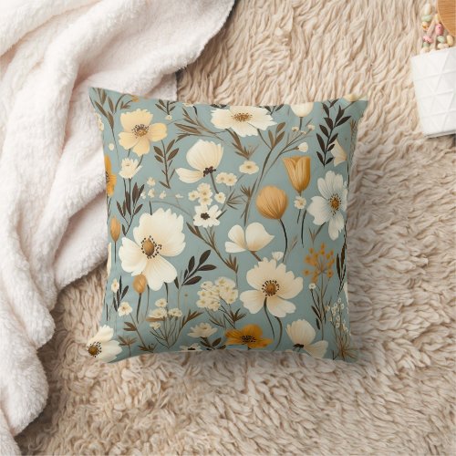 Whimsical Retro Wildflower Meadow  Throw Pillow