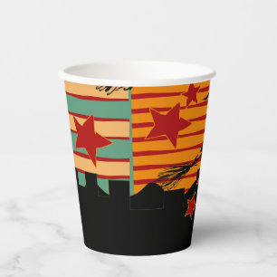 Whimsical Retro Witch Hat Over Skyline Halloween Paper Cups