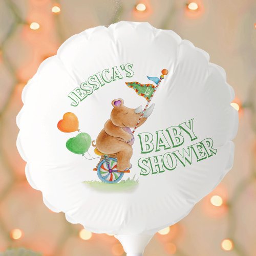 Whimsical rhinoceros on a unicycle baby shower balloon