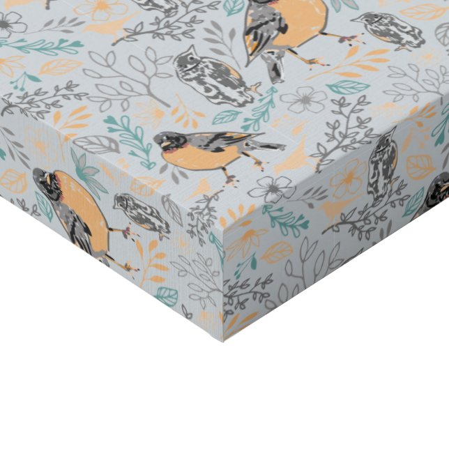 Whimsical Robin Bird Mama Baby Flowers Art Faux Canvas Print (Corner)