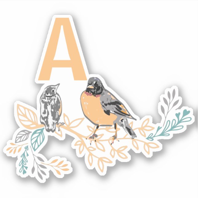Whimsical Robin Bird Mama Baby Flowers Monogram Sticker (Front)