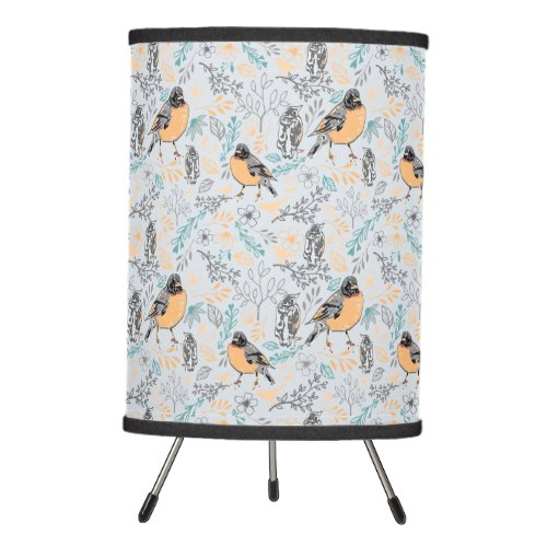 Whimsical Robin Bird Mama Baby Flowers Tripod Lamp