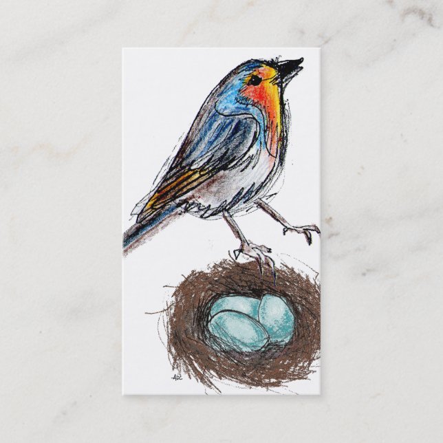 Whimsical Robin with Nest & Eggs Business Card (Front)