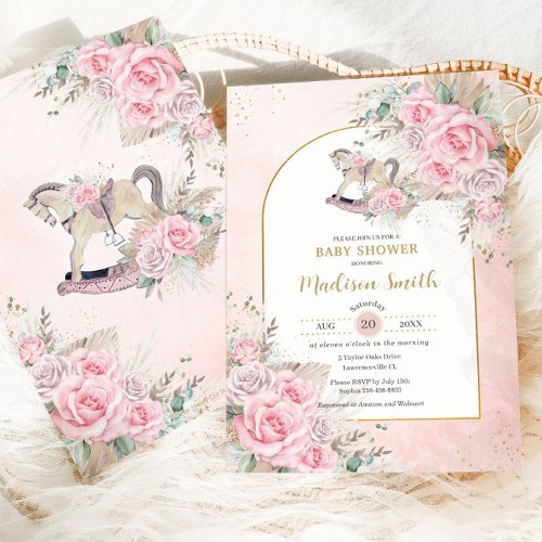 Whimsical Rocking Horse Pampas Grass Pink Floral Invitation
