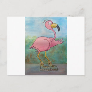 Whimsical Roller Skating Roller Blading Flamingo Postcard