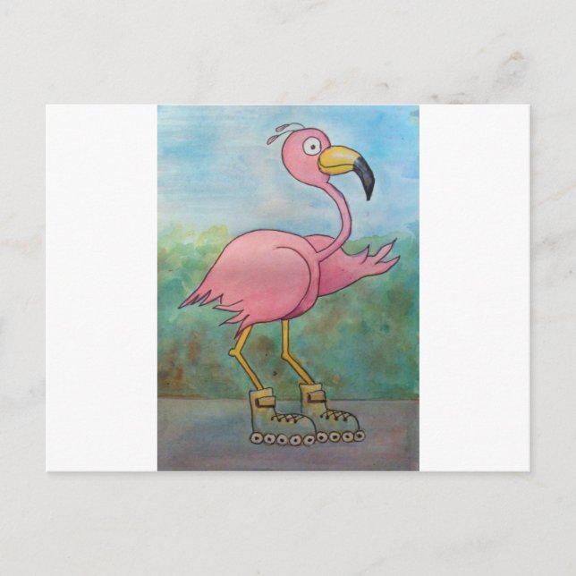 Whimsical Roller Skating Roller Blading Flamingo Postcard (Front)