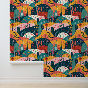 Whimsical Rolling Hills Garden - Colorful Folk Art Wallpaper