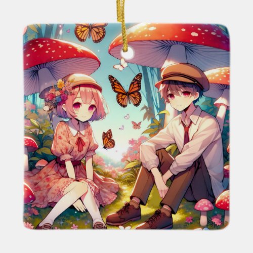 Whimsical Romantic Anime Couple  Ceramic Ornament