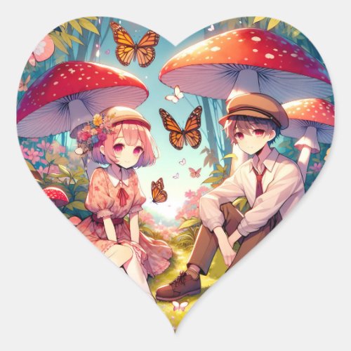 Whimsical Romantic Anime Couple  Heart Sticker