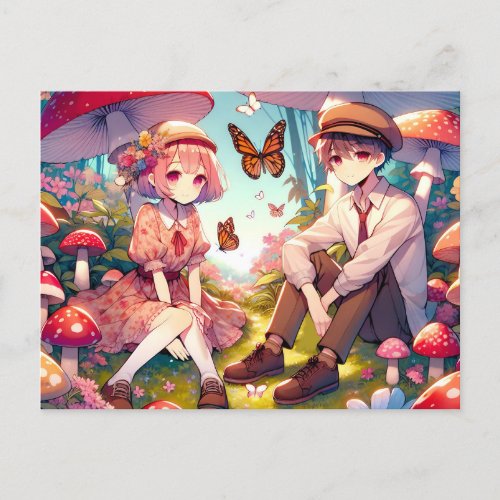 Whimsical Romantic Anime Couple  Postcard