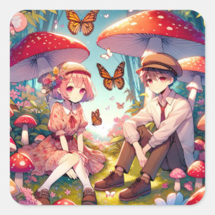 Whimsical Romantic Anime Couple Square Sticker