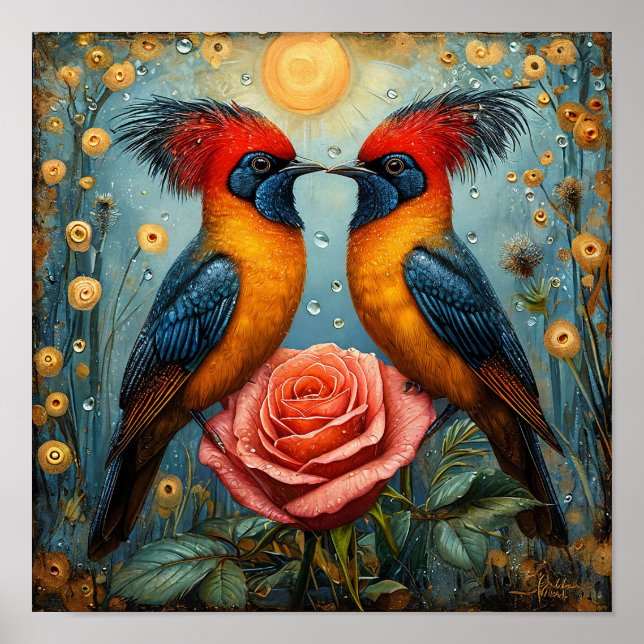 Whimsical Romantic Birds Above Pink Rose 🐦🌹✨💛 Poster (Front)