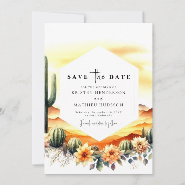 Whimsical Romantic Cactus Wedding Save The Date (Front)
