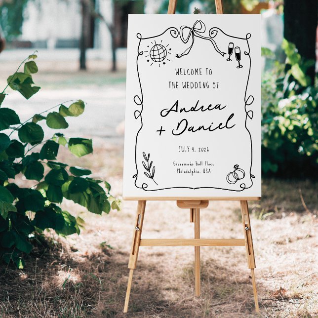 Whimsical Romantic Hand drawn Black White Wedding Foam Board (Creator Uploaded)