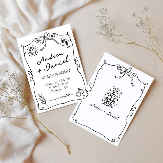 Whimsical Romantic Hand drawn Black White Wedding Invitation (Creator Uploaded)
