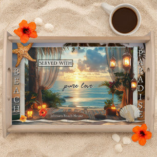 Whimsical Romantic Tropical Beach Collage Serving Tray