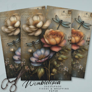 Whimsical Rose & Dragonfly Ephemera Decoupage Tissue Paper