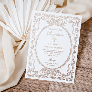 Whimsical Rose Gold Coquette Frame Baptism Foil Invitation