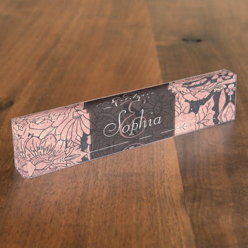 Whimsical rose gold hand drawn floral image nameplate