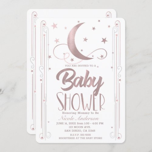 Whimsical Rose Gold Pink Moon Stars Baby Shower Invitation