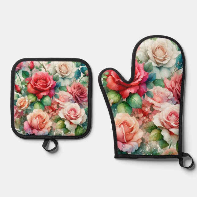 Whimsical Rose Pattern Oven Mitt & Pot Holder Set (Front)
