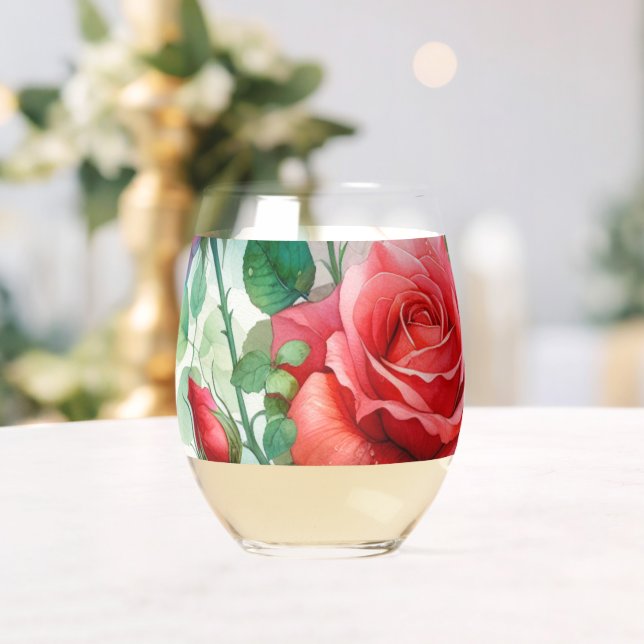 Whimsical Rose Pattern Stemless Wine Glass (Insitu (Wedding))