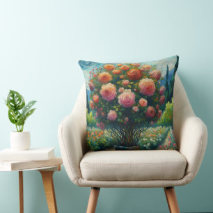 Whimsical Rose Topiary Impressionistic Painting Throw Pillow