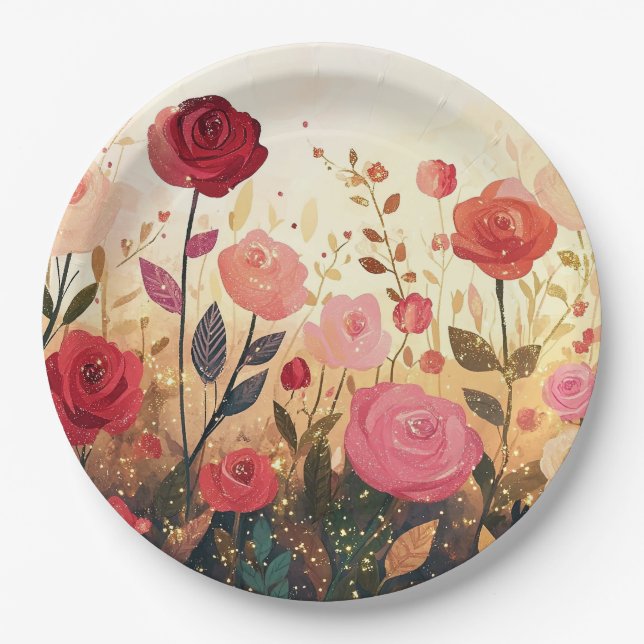 Whimsical roses garden  paper plates (Front)