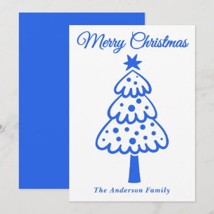 Whimsical Royal Blue Hand Drawn Christmas Tree Holiday Card
