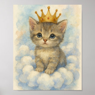 Whimsical Royal Kitten Wearing Crown on Cloud Poster